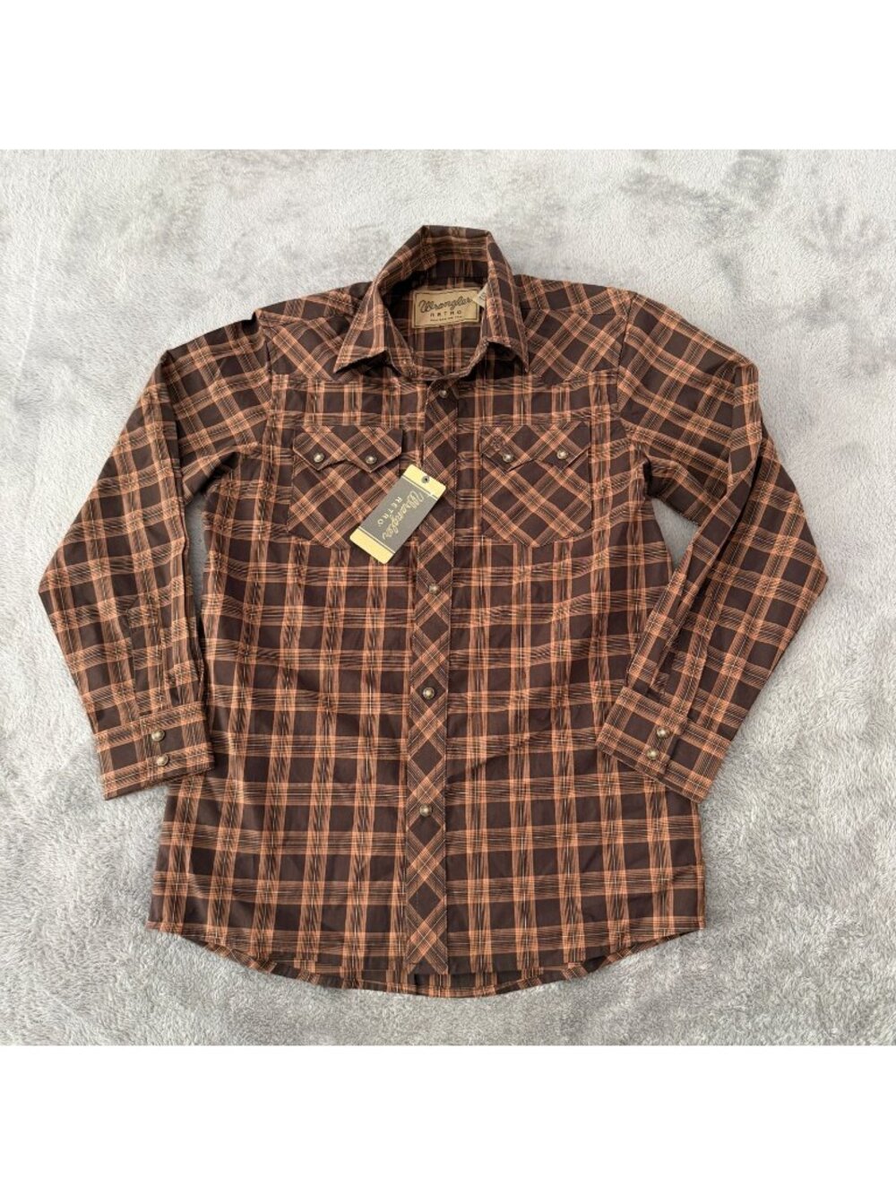 NWT Wrangler Retro Long Sleeve Brown Plaid Button Up Shirt LARGE Womens
